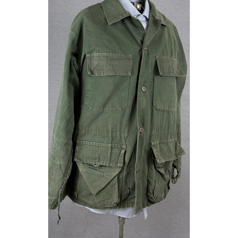 Vintage French Chore Jacket Green Herringbone Cotton Distressed Field Coat L